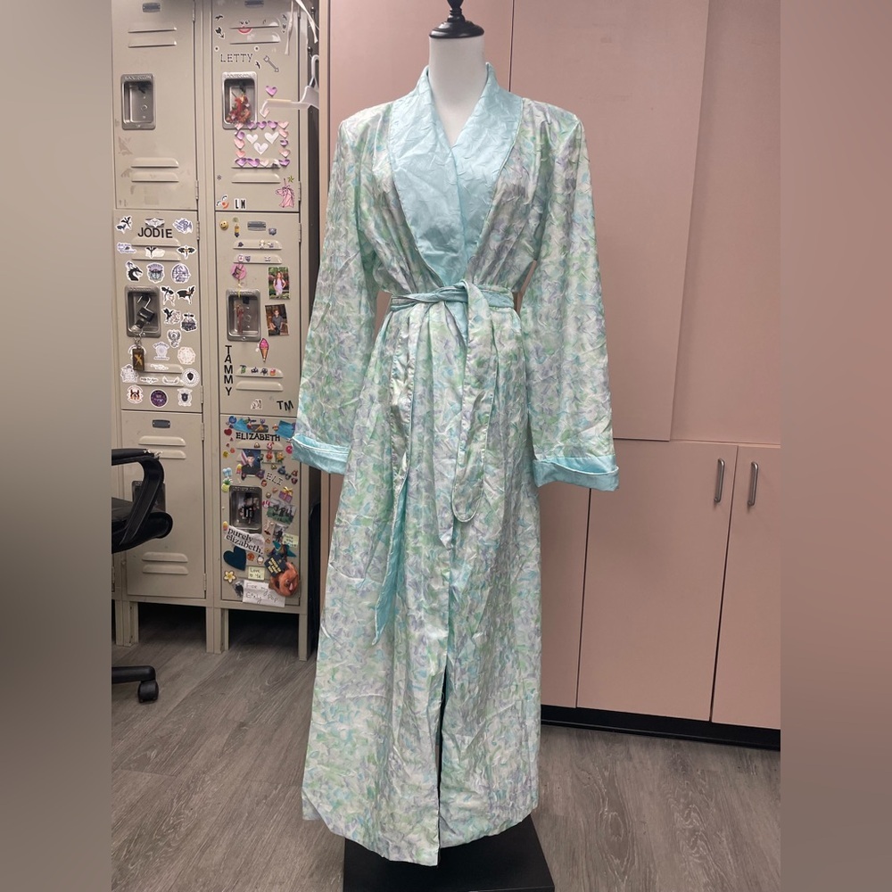 Eve Stillman Couture Vintage Belted Long Robe blue floral side pockets size S
